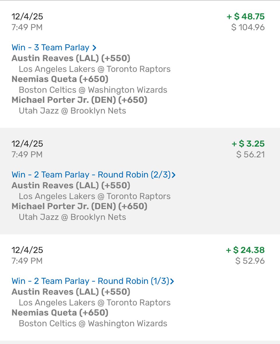 campb715's tweet photo. Actually hit one of my daily long shot first basket parlays 🥳 minus Michael porter for not playing!! Bout time lol https://t.co/bmYNoONuue