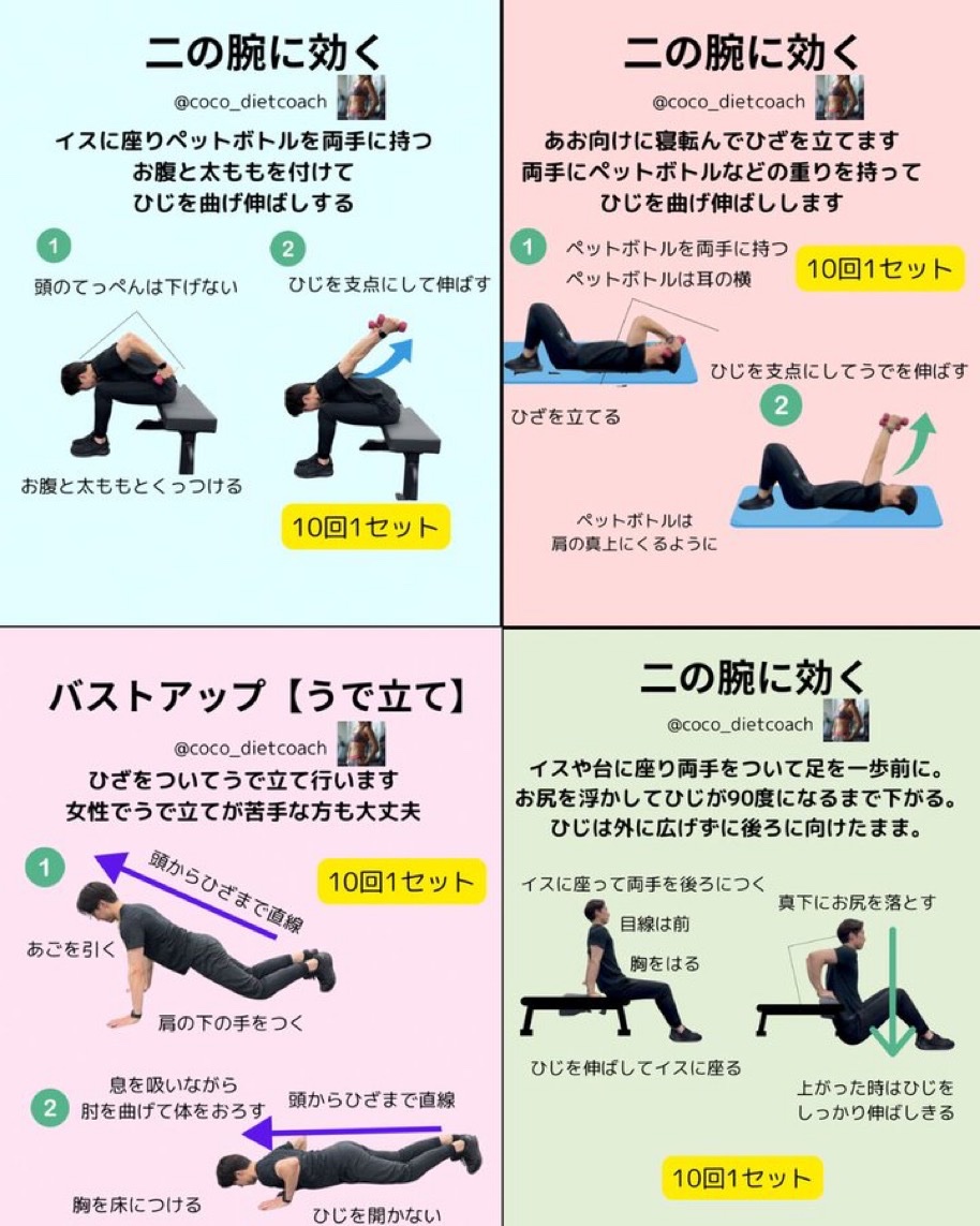 coco_dietcoach's tweet photo. え、これガチで二の腕痩せするやつ。振袖肉が気になる人全員これやって。ペットボトル持ってひじを支点に伸ばすだけで、お腹と太ももにも効いて一石三鳥なの。しかもバストアップ【うで立て】は頭からひざまで一直線キープで、体幹も鍛えられるから姿勢まで良くなるの神すぎ。 https://t.co/UVrviQ49q0