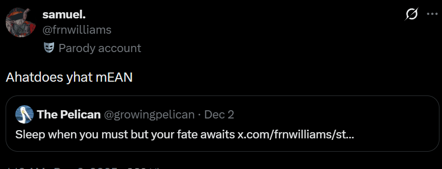 GODCOILED's tweet photo. reading through roblox arg parody accounts being harrassed by a pelican is so fucking funyn im in tears pelase itd 6 am inedt osleep https://t.co/U4jThufnqP