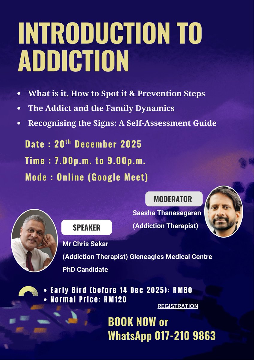 CyberUnit6's tweet photo. 🧠 INTRODUCTION TO ADDICTION
Join our online awareness talk on understanding addiction, family dynamics &amp; recognising early signs.

📅 20 Dec 2025
⏰ 7–9 PM
💻 Google Meet
🎙️ Speaker: Mr Chris Sekar
📝 Moderator: Saesha Thanasegaran

Early Bird RM80 (before 14 Dec)
Normal: RM120 https://t.co/b7NUkGhJtj