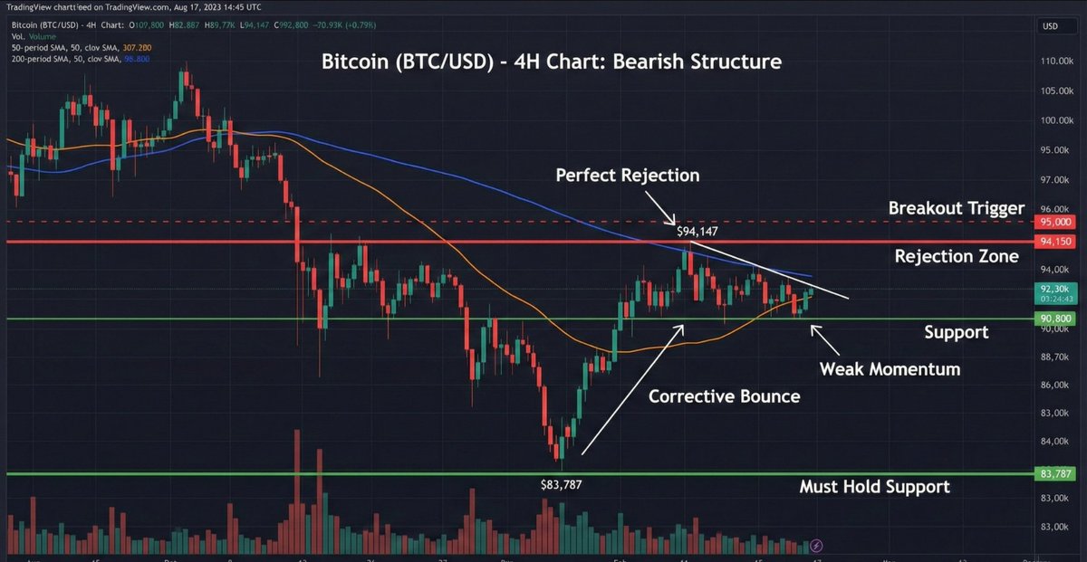 MARKET UPDATE: Bitcoin’s Bounce Is Starting To Look Weak

Bitcoin is trading around $92.3K, and this bounce is not convincing so far.

We rejected perfectly at $94,147. The same level that capped the previous rally, and momentum on both the 4H and 1D charts is already rolling