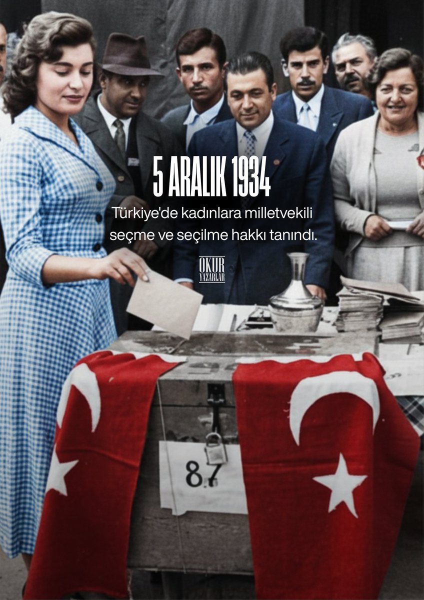 5 Aralık 1934’te anayasamızda ve seçim kanununda yapılan değişikliklerle Türk kadınları, milletvekili seçme ve seçilme hakkına kavuşmuşlardı.

Bu hakkın verilmesi Cumhuriyet’in “kadın devriminin” önemli bir eşiğidir. 

#seçmeveseçilmehakkı