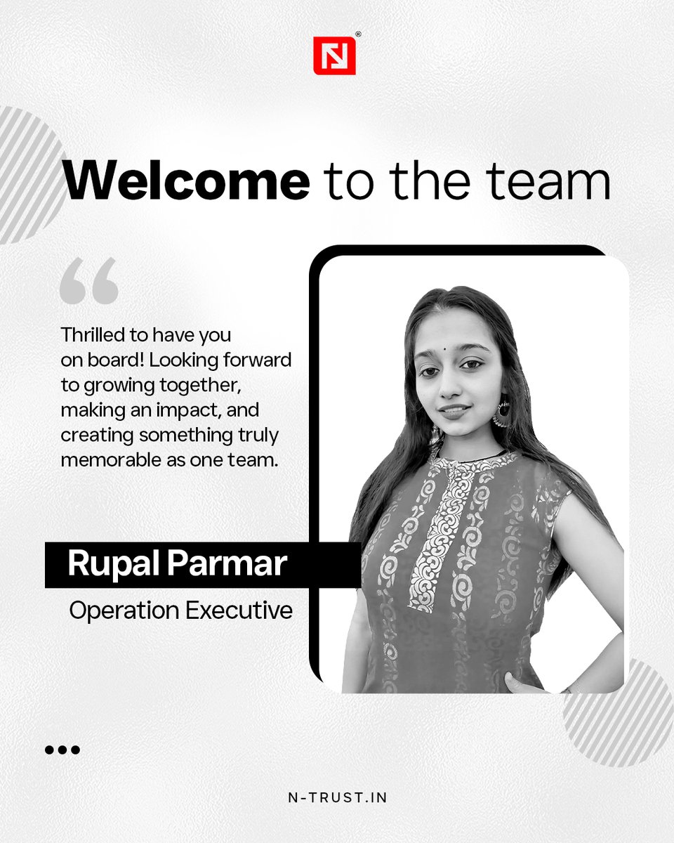 ntrustsolutions's tweet photo. 🎉A warm welcome to our newest star!

 🎉Meet Rupal Parmar, our new Operations Executive. 

🎉We're confident you'll help us achieve great things as one team.

Visit: https://t.co/7Ei6aMCDjp

#WelcomeToTheTeam #NewHire #TeamGrowth #NTrustSolutions #OperationsExecutive https://t.co/PeBcvnJpFv