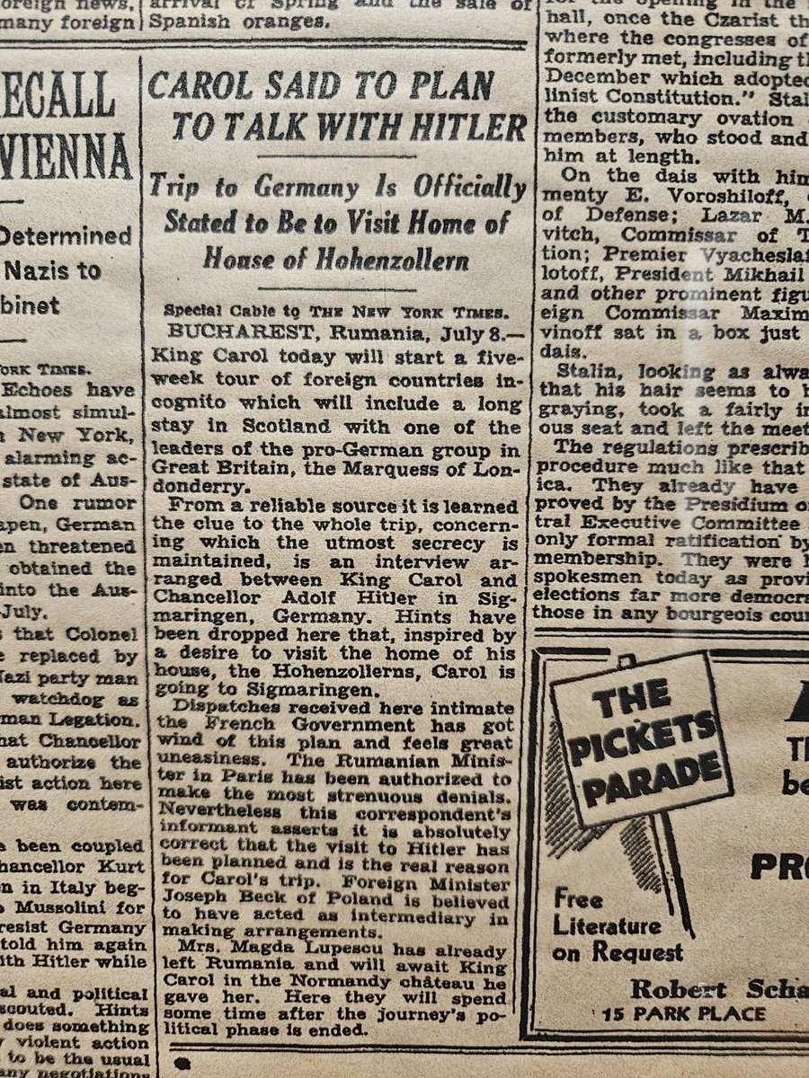 manyapan's tweet photo. It's July 8, 1937, and during your morning coffee you've hit page 15 of The New York Times: you read that King Carol plans a visit with Hitler, that the head of TASS (the Soviet news agency) disappeared after being called a “Trotskyist bandit,” that there's been a battle between Japanese and Chinese soldiers in Beijing (it would turn out to be the start of the full-fledged Japanese war of aggression in China), and that Trotsky went fishing, cuz he's "tired of civilization." On the bright side, Scotch whiskies on sale for just $2.69 on 74 Fifth Avenue.
