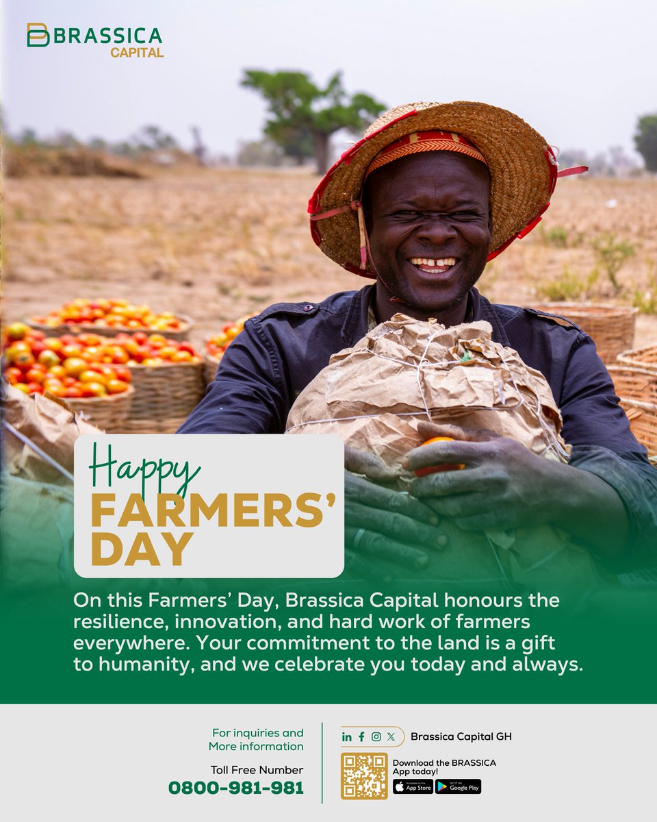 Happy Farmers’ Day Ghana!

Brassica Capital honors the resilience of farmers driving growth and prosperity.

#FarmersDay #Ghana #BrassicaCapital #InvestWithBrassica #Growth #Agriculture #Prosperity