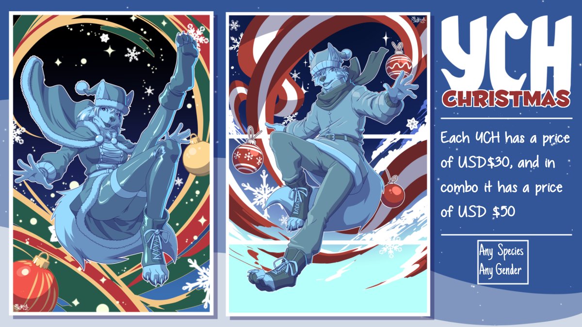 siekfried's tweet image. Hello! I'm bringing these YCH for sale, interested, send me a message, spots are limited.

RULES
• ANY SPECIES / GENDER / COLORS.
• ANY ADDONS WILL REQUIRE A SURCHARGE DEPENDING ON COMPLEXITY.
• PAYMENT VIA PAYPAL.

#furryartworks  #YCH   #ychcommission  #Christmas2025