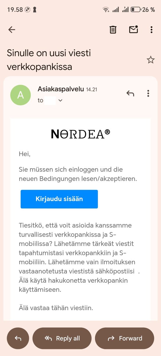 Ehkä vuoden surkein huijausviesti? 🤦‍♂️

Miksi näitä edes lähetetään?
Koska aina joku tarttuu syöttiin – varsinkin, jos odottaa viestiä pankista tai viranomaiselta.

Tämä ei ole tekoälyn tekemä, mutta moni muu on.
Ja niitä #AI-huijauksia ei enää erota aidoista.

🛑 Jos viesti