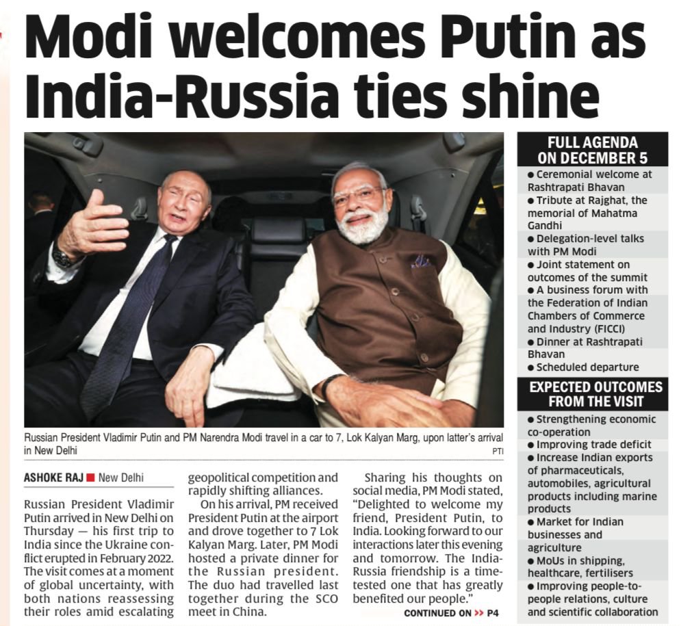 TheDailyPioneer's tweet image. President Vladimir Putin’s return to New Delhi after four years comes at a moment of shifting global power and rising geopolitical friction. His meeting with PM Modi signals continuity in a time-tested partnership built on defence, energy, and strategic trust. As both leaders…