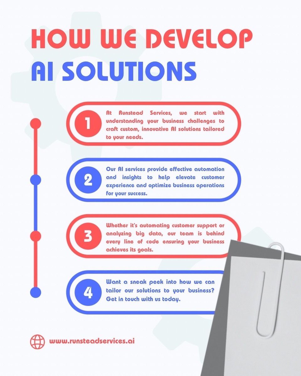 runsteadai's tweet image. At RunsteadServices, we build AI solutions that work for your business. Here’s how we do it:
1️⃣ Understand your challenges.
2️⃣ Craft custom AI solutions.
3️⃣ Automate, optimize, and elevate.
Want to learn more? Reach out today!
#BusinessSolutions #RunsteadServices