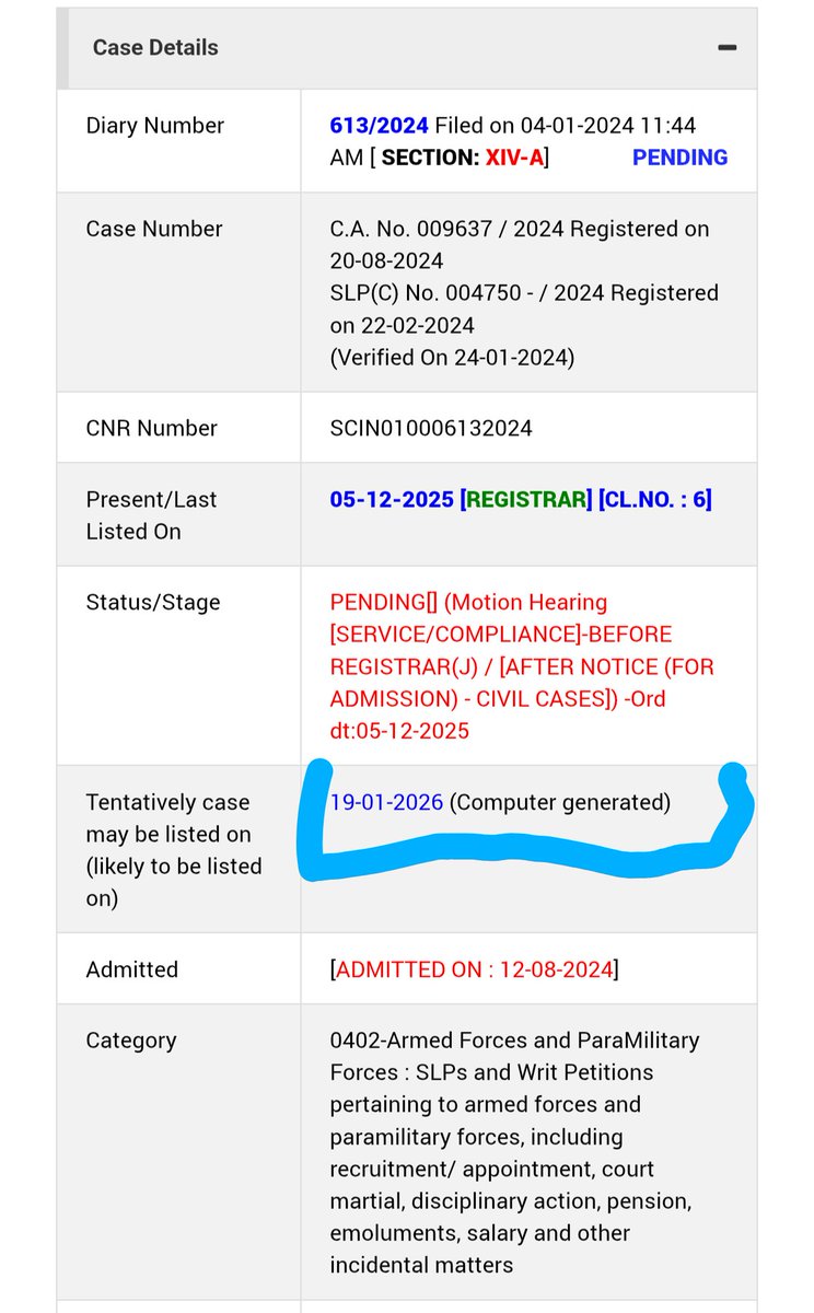 CAPF जवानों के पुरानी पेंशन (OPS) केस की सुनवाई की अगली डेट 19 जनवरी 2026 सुप्रीम कोर्ट की ऑफिशियल वेबसाइट पर अपडेट कर दी गई है।

आज की सुनवाई के बारे में सही और सटीक जानकारी ऑफिसियल वेबसाइट पर ऑर्डर अपलोड होने पर अपडेट कर दी जाएगी।