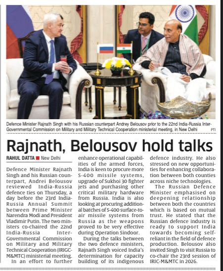 TheDailyPioneer's tweet image. A day ahead of the Modi–Putin summit, Defence Ministers Rajnath Singh and Andrei Belousov reviewed military cooperation, focusing on upgrades to Sukhoi-30 jets, additional S-400 systems, and boosting India’s defence capability. Rajnath stressed strengthening indigenous defence…