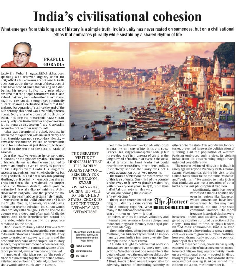 TheDailyPioneer's tweet image. Mohan Bhagwat’s recent call for unity echoes a long-running question in India’s history — what truly binds the subcontinent together. From Akbar’s inclusive kingship to the lived idea of coexistence, India’s cohesion has rested not on uniform religion or language, but on a…