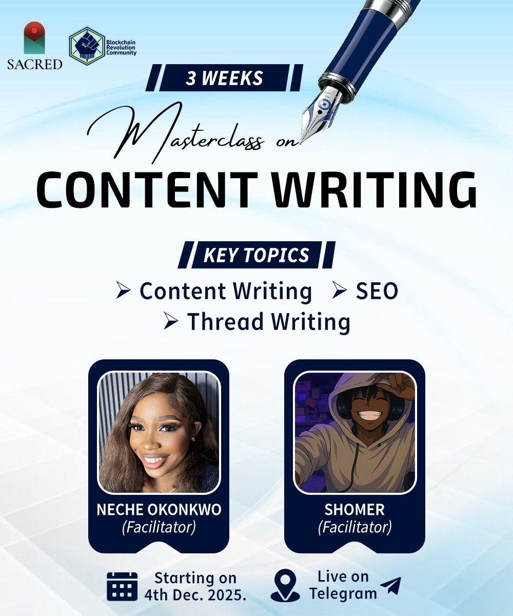 FAQ:
1. What is this Content writing?
2. Who is a content writer 
3. What niche can I write about as a content writer.
Join our class today by 6 pm as we collaborate with <a href="/SacredProtocol/">Sacred Protocol</a> to bring you undiluted value and answer all your questions.