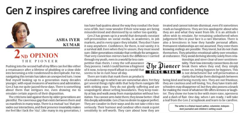 TheDailyPioneer's tweet image. Reflecting from her fifties, the writer finds herself increasingly inspired by Gen Z — a generation often criticised yet remarkably self-assured. Their confidence isn’t arrogance but a survival skill shaped by constant performance pressures. Gen Z sets boundaries, rejects…