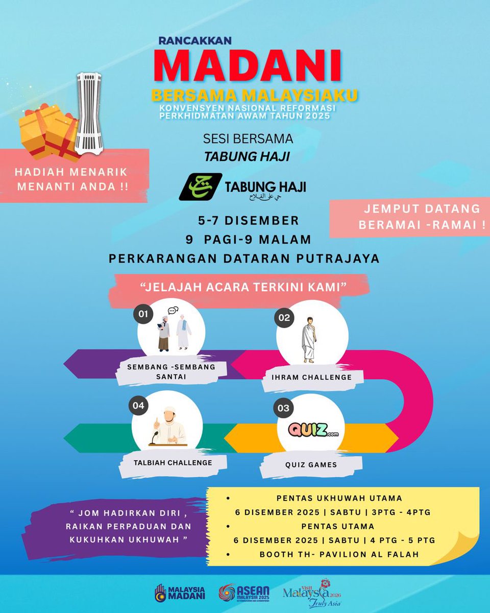 Jumpa kami di Perkarangan Putrajaya dalam Program Rancakkan Madani bermula esok!

Pelbagai aktiviti dan hadiah menarik kami sediakan untuk anda.

Jumpa di sana!

#tabunghaji