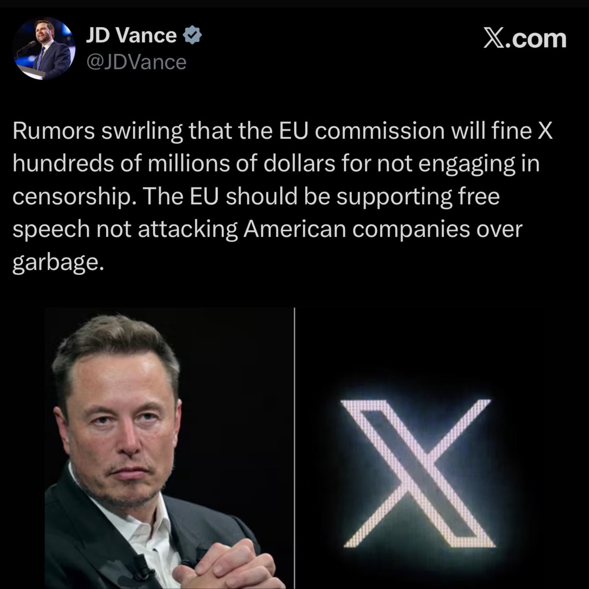 "Circolano voci secondo cui la Commissione Europea multerà X per centinaia di milioni di dollari per non aver censurato. L'UE dovrebbe sostenere la libertà di parola, non attaccare le aziende americane per la spazzatura".

- J.D. Vance

L'UE è un coacervo di luridi sguatteri