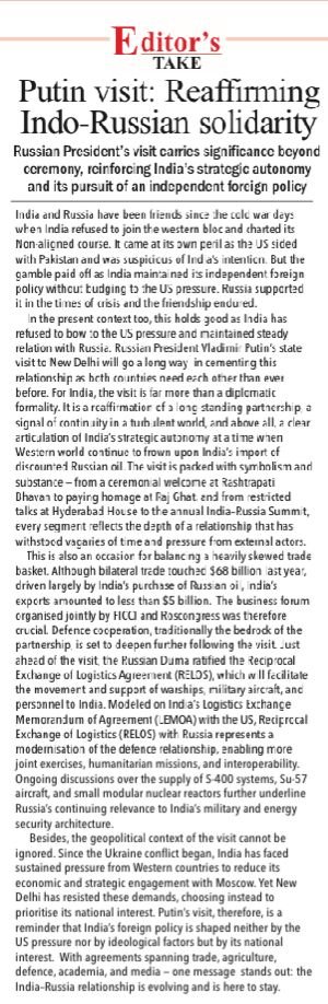 TheDailyPioneer's tweet image. Putin’s state visit underscores a partnership rooted in Cold War–era trust and strengthened by India’s commitment to strategic autonomy. Despite Western pressure, India continues deep cooperation with Russia across defence, energy and trade. Key outcomes — from logistics…