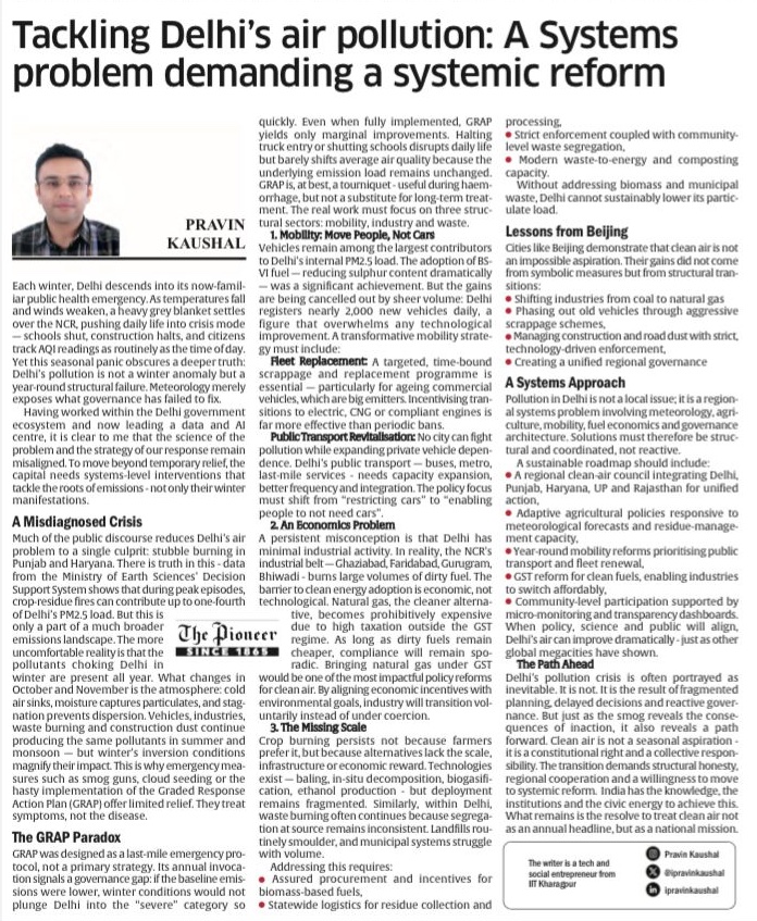 TheDailyPioneer's tweet image. Tackling Delhi’s pollution, the writer argues, requires abandoning the annual ritual of panic and instead confronting the structural, year-round emissions that winter merely exposes. Stubble burning is only one piece of a much larger system: vehicles, industries, waste burning,…