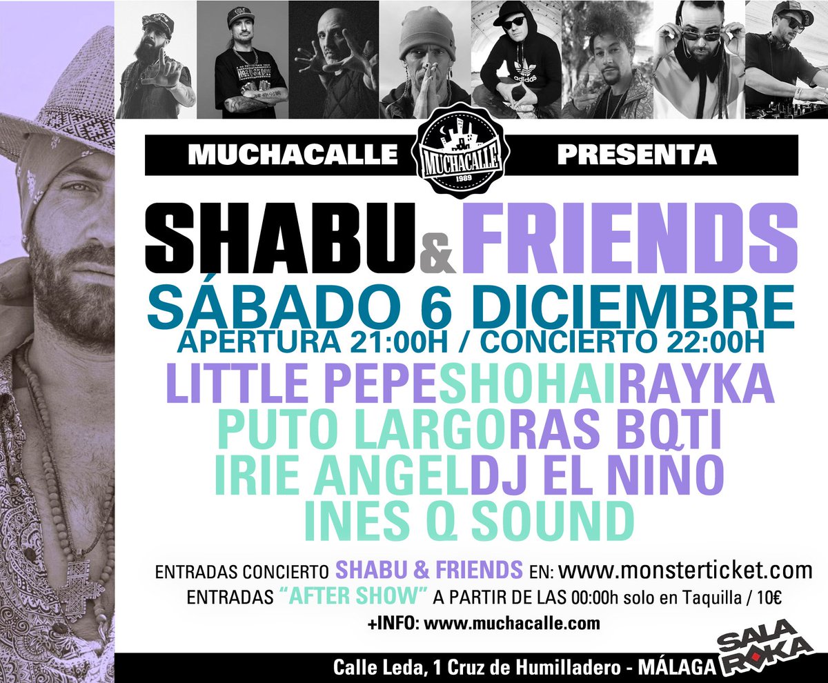 Conciertazo y gran sets de dj con el mejor musicón #reggae #hiphop #dancehall #rap #dub y lo que cunda 
Sábado 6 diciembre 
Apertura 21:00h / Show 22:00h-Sala Roka / Málaga 
Entradas en monsterticket.com
AfterShow Djs a partir de las 00:00h hasta las 6:00h
Taquilla 10€