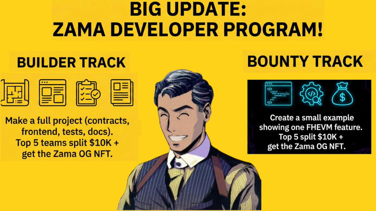 🚨 Zama just launched two new builder tracks for developers

1️⃣Builder Track
Build a full FHEVM project (contracts, frontend, tests, docs).

Top 5 share $10K + the rare Zama OG NFT

2️⃣Bounty Track
Show one strong FHEVM feature — access control, encrypted logic, anything.

Top 5