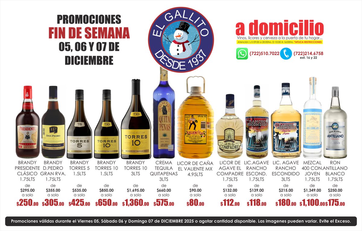 vinoselgallito's tweet photo. Fin de semana 🙏🏻

#amigallitos #presidenteclasico #donpedro #torres5 #torres10 #quitapenas #valientemx #elcompadre #ranchoescondido #400conejos #bacardi #corralejo #cuervotradicional #1800cristalino #maestrodobel #riunite #kazan #johnniewalker #jackdaniels #matusalem https://t.co/8pKv0BAe60