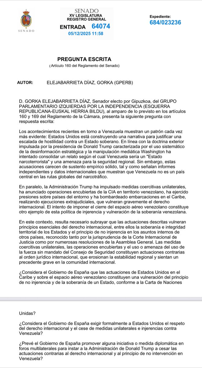 g_elejabarrieta's tweet photo. Frente a las inaceptables actuaciones de EEUU en Venezuela y en el Caribe, contrarias al derecho internacional y al principio de no injerencia, hemos registrado varias preguntas dirigidas al Gobierno español en defensa la legalidad internacional y la soberanía de los pueblos. https://t.co/PCsABdiBRZ