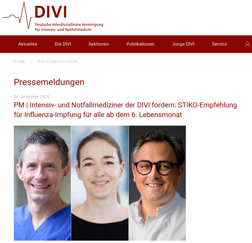 Screenshot der Schlagzeile auf www.divi.de: Intensiv- und Notfallmediziner der DIVI fordern: STIKO-Empfehlung für Influenza-Impfung für alle ab dem 6. Lebensmonat