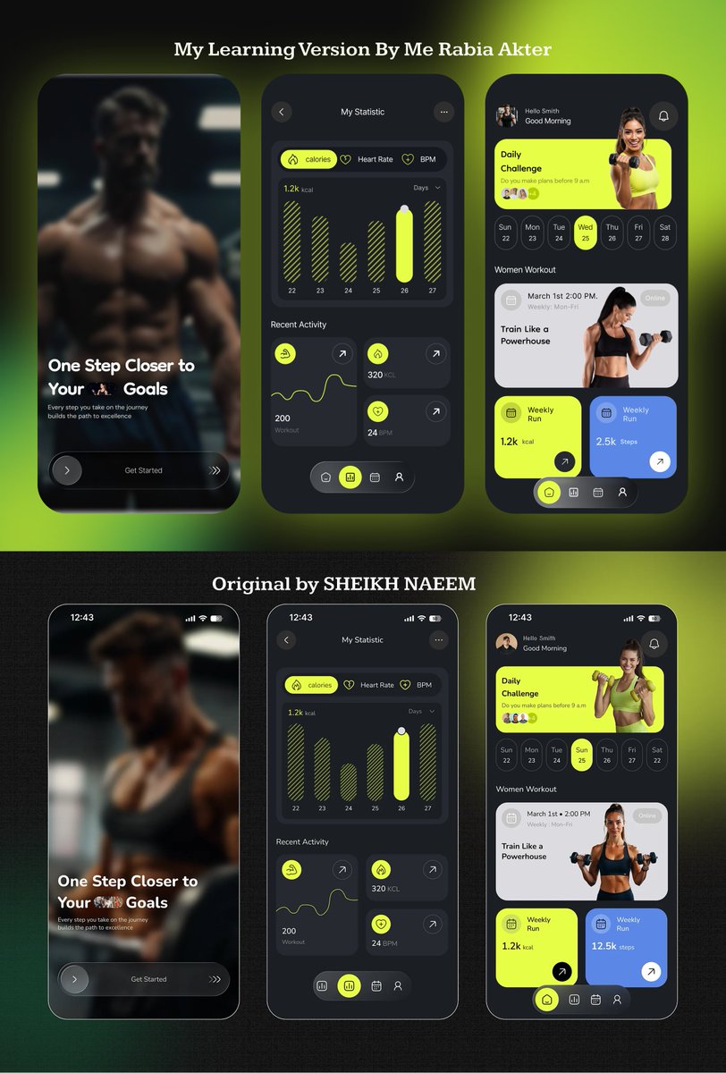 rabia191722's tweet photo. Day 28/120 — Copy Design Challenge 🎨

Recreated this fitness UI to study layout, color, and hierarchy.

My version (top).
Original by SHEIKH NAEEM (bottom) — full credit.
Daily practice = daily improvement. 🚀

#UIDesign #Figma #CopyDesignChallenge #DailyDesign #DesignPractice https://t.co/CwJlZCk4AB