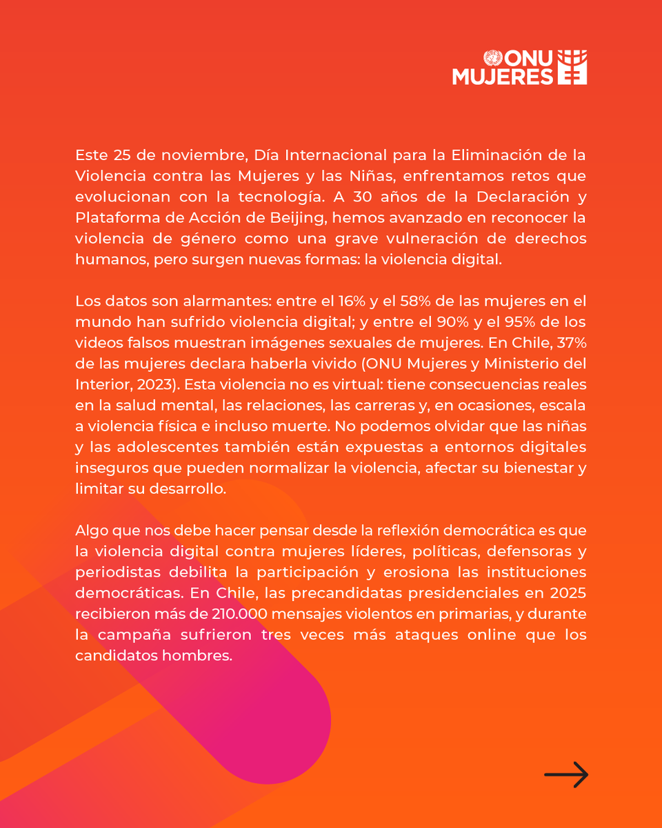ONUMujeresChile's tweet photo. [Columna de opinión] “Violencia digital contra las mujeres:  El desafío creciente para construir sociedades seguras y democráticas”, escrita por @mtorresmacho Coordinadora Residente de @ONUChile  y @rosercanci, Jefa Of. de @ONUMujeresChile  para la @latercera 
#Únete #16Días https://t.co/P4iTiwgfVq