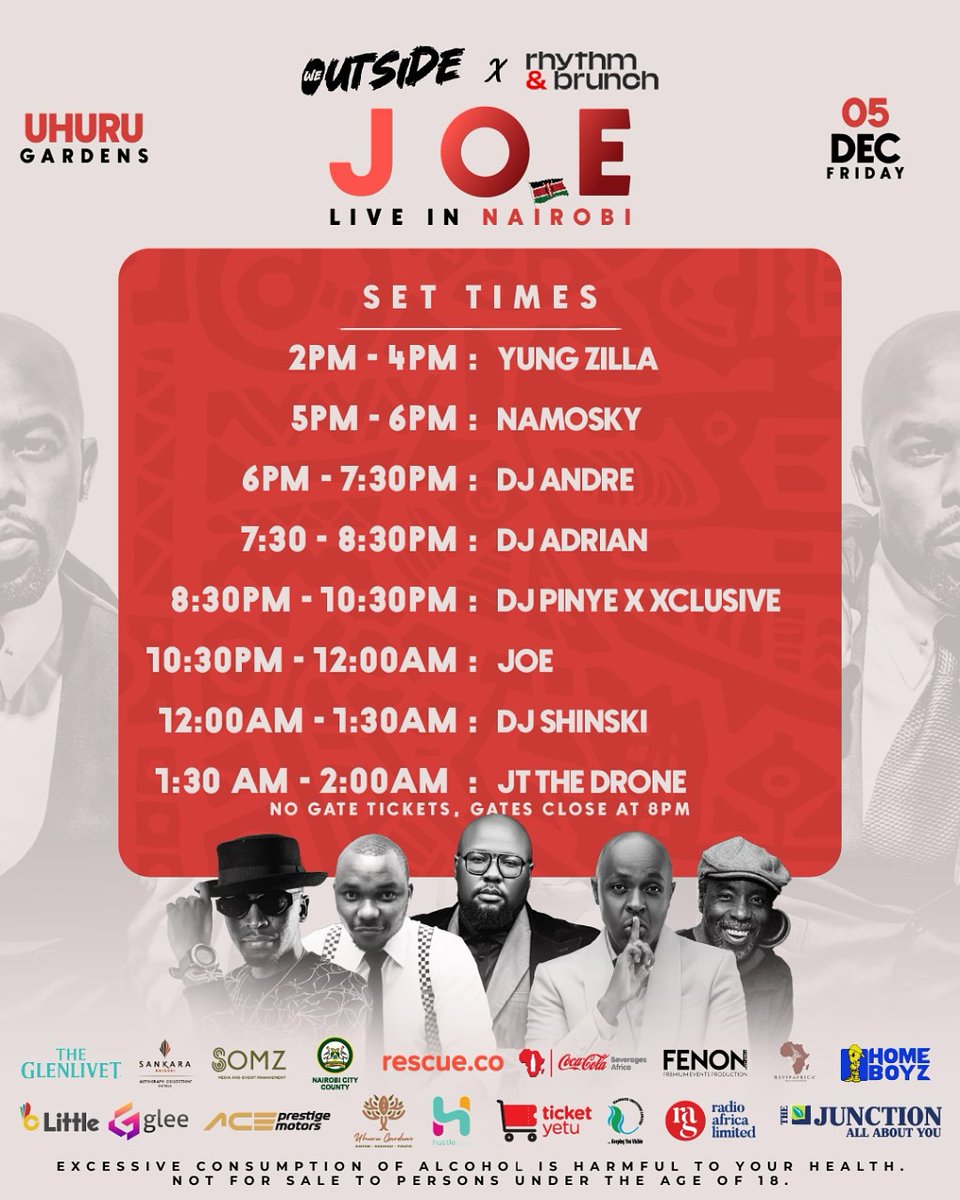 ItsMainaKageni's tweet image. 🔥🔥🔥🔥🔥 🔥 The fun has begun!!!!!! What a Friday today's gonna be. Here are your official set times for Joe Live.

Please plan your night, come early, and don’t miss a single moment.
📍 Uhuru Gardens
⏰ 2pm till late

NO GATE TICKETS
#JoeLiveInNairobi #WeOutside
