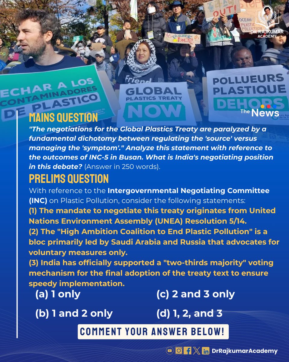 DrRajAcademy's tweet photo. INC 5 ends without a treaty as nations clash over limiting plastic production versus improving waste management.
The future of the Global Plastics Treaty now hangs on INC 5.2 in 2025.
#PlasticPollution #ClimateAction #UPSC #UPSCEnvironment #CurrentAffairs #DrRajkumarAcademy https://t.co/A6ciTCOko7