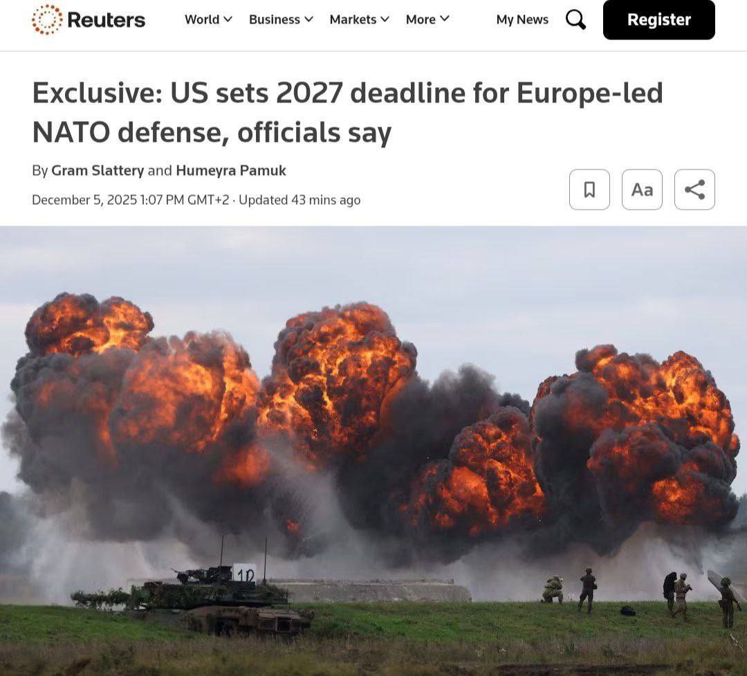 Maks_NAFO_FELLA's tweet photo. 🇺🇸🇪🇺 US may partially "withdraw" from NATO by 2027, — Reuters

Washington demands that Europe take over most of NATO's conventional defense functions — from intelligence to missiles — by 2027 https://t.co/pdsuok8MWj