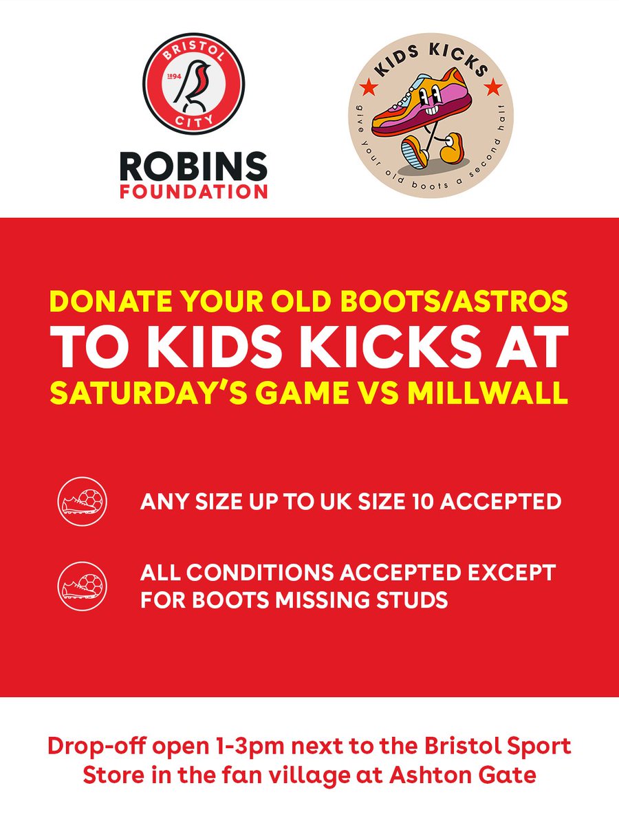 Don't forget to bring your old boots to the Gate tomorrow as we partner with the <a href="/RobinsFound/">Bristol City Robins Foundation</a> and Kids Kicks to allow more children the opportunity to play sports. 👇