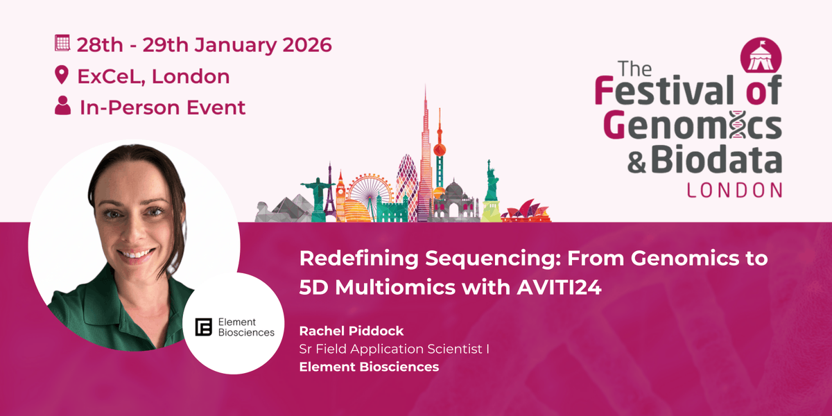FLGenomics's tweet photo. Rachel Piddock (Senior Field Application Scientist I, @ElemBio) will be redefining sequencing at The Festival of Genomics and Biodata next month in London! Don’t miss her talk – register now: https://t.co/9kGQzEwjOo #FOG2026 https://t.co/rCwTsaGUuu