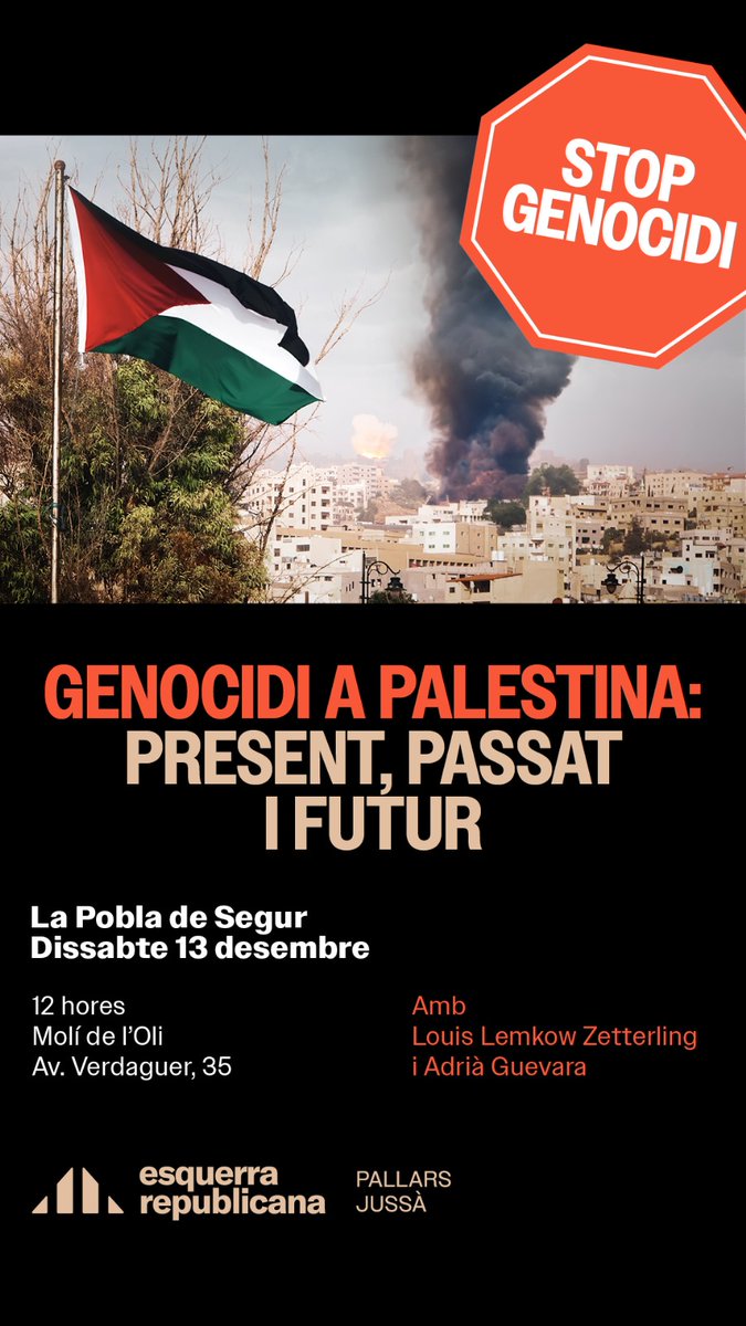 🇵🇸 Us convidem a assistir a la xerrada sobre el Genocidi a #Palestina: present, passat i futur 

📅 Dissabte 13 de desembre
📌 Molí de l'Oli, La Pobla de Segur
🕛 12:00H

👥️ Amb:
➕️ Louis Lemkow Zetterling
➕️ Adrià Guevara

Us hi esperem!!😊