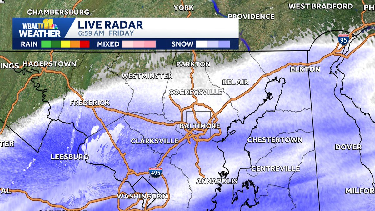 TonyPannWBAL's tweet image. 7 AM Radar Update: Light snow/flurries moving across the Baltimore Metro. Some minor snow accumulations are possible, especially on untreated roads. Light snow will end late morning or early afternoon. ❄️🚂