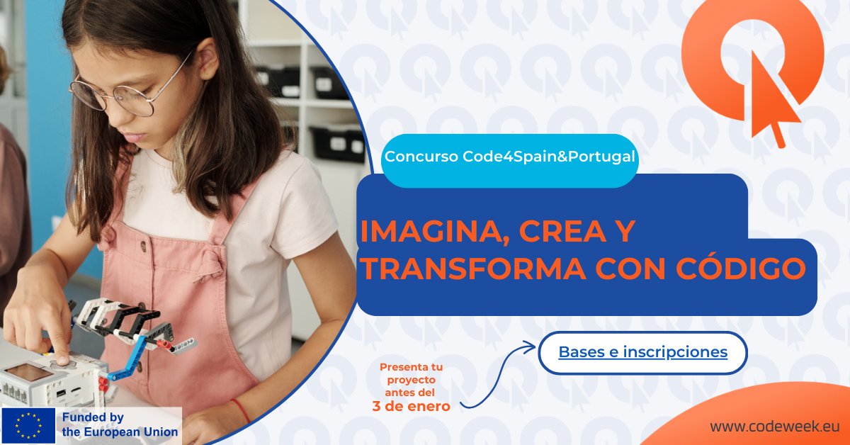 JASPAIN's tweet image. CODE4SPAIN &amp;amp; PORTUGAL une España y Portugal para impulsar creatividad y competencias digitales en el aula.
💡¿Tienes un proyecto que use codificación para resolver retos? 
🏆 2.500 € para el ganador
📅 Inscripciones hasta el 3 de enero.
🔗fundacionjaes.org/noticias/code4…

@CodeWeekEU