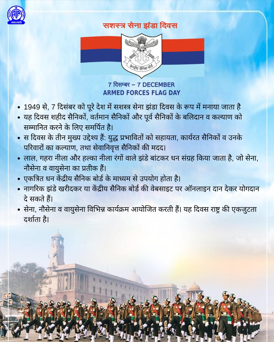 1949 से प्रति वर्ष आज के दिन भारतीय #सशस्त्र_सेना_झंडा दिवस मनाया जाता है. सशस्त्र सेना बलों के कर्मियों के कल्याण के लिए जनता से धन जमा करने के प्रति यह दिन  समर्पित हैं. इस अवसर पर वीर सैनिकों के शौर्य, साहस, बलिदान और देश सेवा की भावना को कोटि-कोटि नमन 🙏

#FlagDay

<a href="/MIB_Hindi/">सूचना एवं प्रसारण मंत्रालय</a>