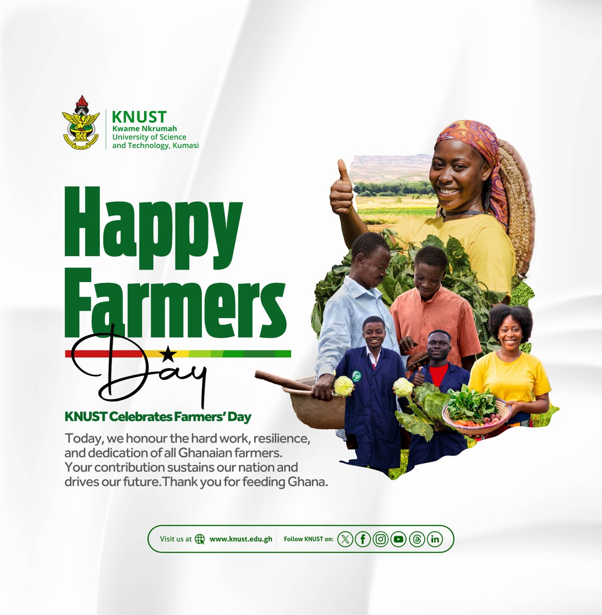 KNUSTGH's tweet image. KNUST celebrates Farmers’ Day! 

Today, we honour the resilience, dedication, and hard work of Ghana’s farmers. Your contribution nourishes our nation and fuels our future.
Thank you for feeding Ghana. 

#FarmersDay #KNUST #Ghana #FoodSystems #Agriculture