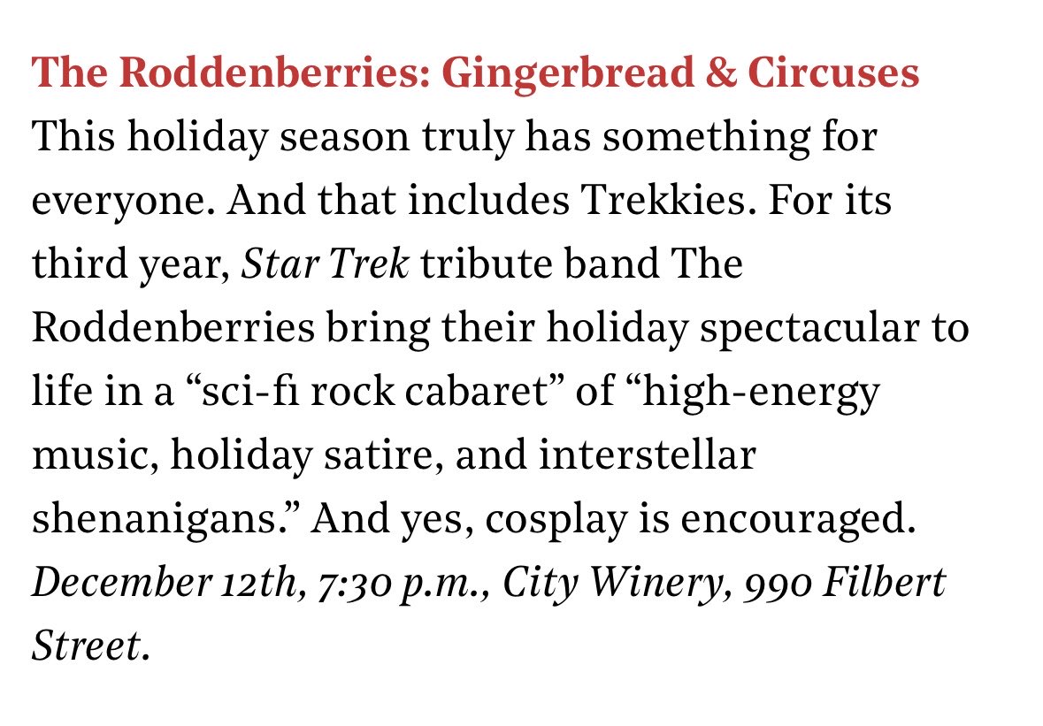 roddenberries's tweet photo. Daaaas right!! “sci-fi rock cabaret” of “high-energy music, holiday satire, and interstellar shenanigans” 

Come see for yourself Friday, December 12th at City Winery Philadelphia 

Ticket link: https://t.co/GUMxYusVv9 https://t.co/5Rf4VtVKiQ