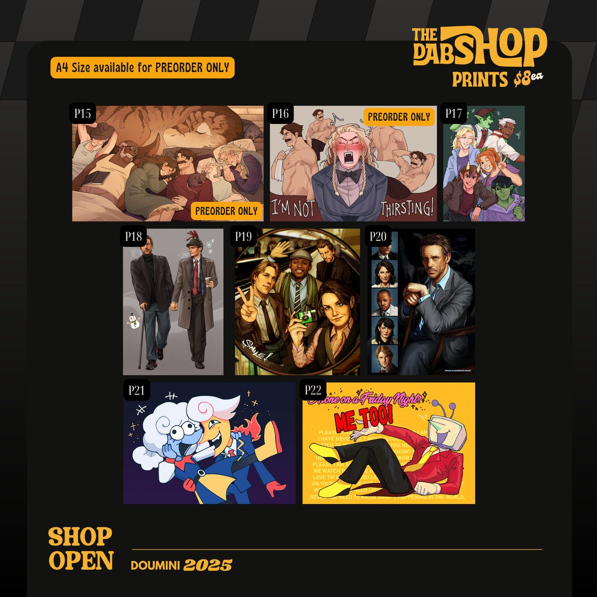 thedabshop's tweet photo. Dabshop will be at Doumini! Here are all the goods that will be available from 13-14 Dec, at Table B40! See you all there 💕
Fandoms:
Dimension20
Yakuza
Metal Gear Solid
House MD
DELTARUNE
Conclave 
IWTV
 #doumini #douminicatalogue [1/3] https://t.co/HmmBWJzIQ7