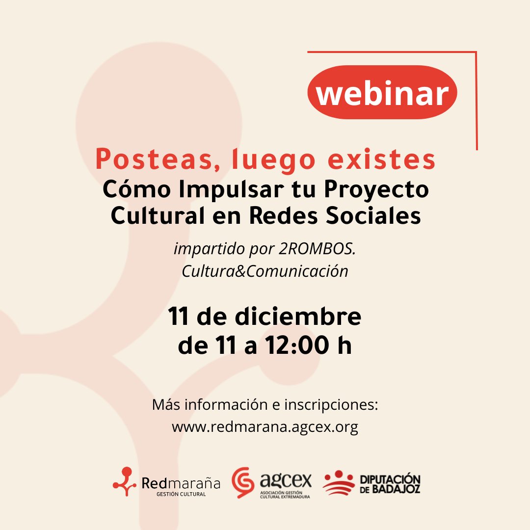 🎯¡Nuevo webinar! 
Desde #RedMaraña abrimos inscripciones para un nuevo webinar titulado "Posteas, luego existes" donde se darán claves y herramientas para crear contenido en redes sociales e impulsar tu proyecto cultural. 

¿Os animáis? 
🔗Inscripciones us06web.zoom.us/meeting/regist…