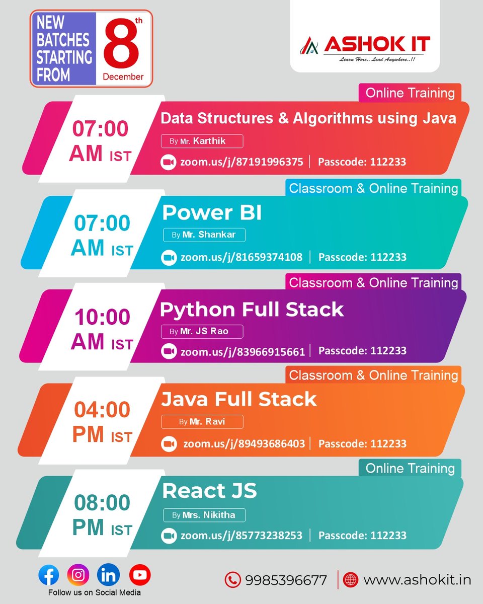 ashokitschool's tweet image. 🎯 New Batches Starting from Monday (8th December)
🔹 Data Structures &amp;amp; Algorithms using Java | 07:00 AM
🔹 Power BI | 07:00 AM
🔹 Python Full Stack | 10:00 AM
🔹 Java Full Stack | 04:00 PM
🔹 React JS | 08:00 PM
🔗 Register Now: tr.ee/jus8Tx04s3

#DataScience #Java