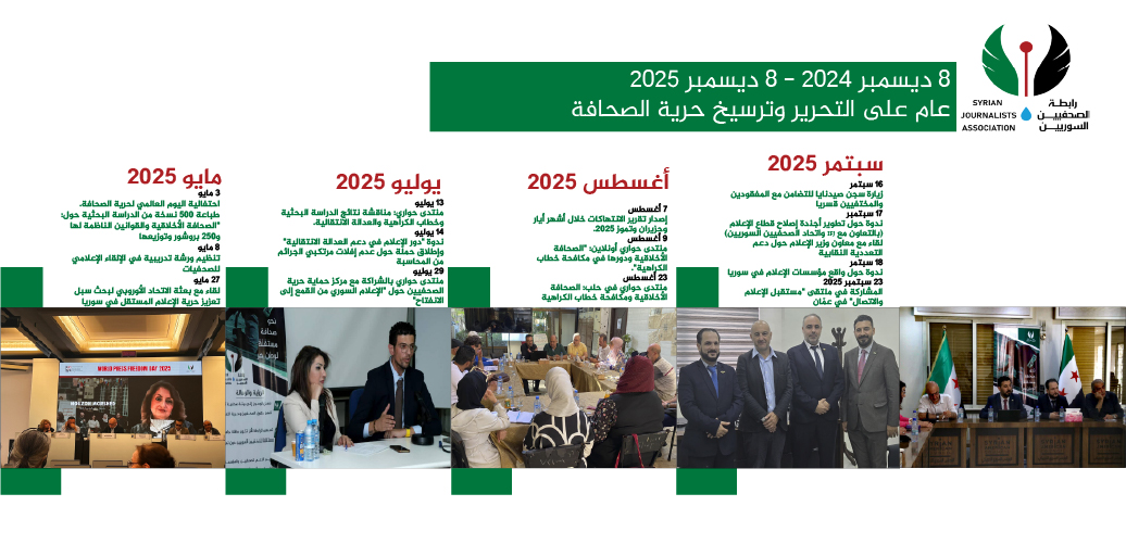 SYJAssociation's tweet photo. عام على التحرير وترسيخ حرية الصحافة..
رابطة الصحفيين السوريين تعلن حصيلة عام مهني هو الأوسع منذ سقوط النظام
الفترة الممتدة من 28 ديسمبر2024 إلى 8 ديسمبر 2025 شكّلت عاماً مفصلياً في إعادة بناء البيئة الإعلامية في سوريا، باعتباره العام الأول بعد التحرير

https://t.co/6QmX1gHHMV https://t.co/OoUqOSkIQ1