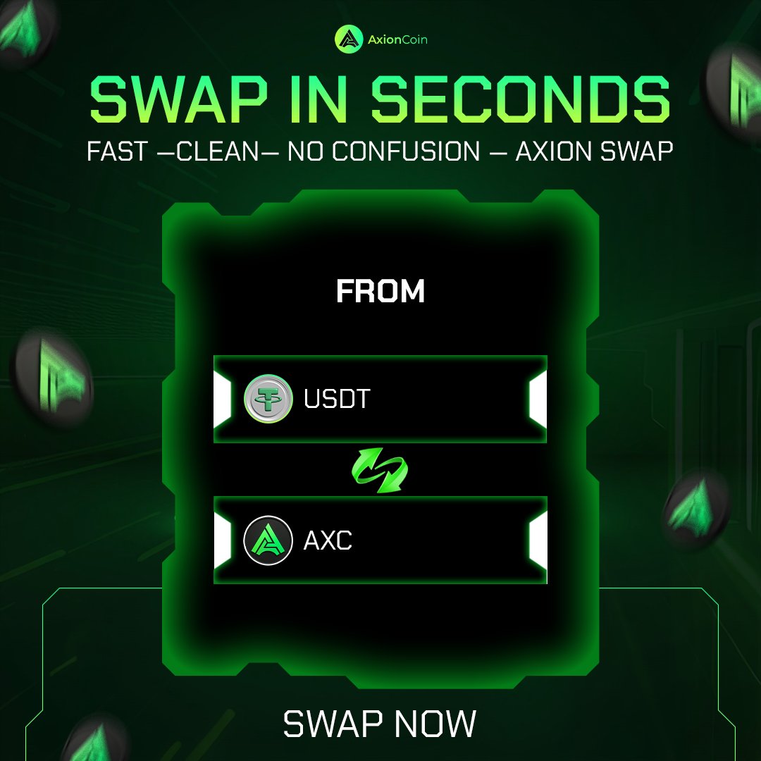 axion_io's tweet image. 🚀 Swap Crypto in Just Seconds with Axion!

Whether you're swapping USDT → AXC or vice-versa, Axion Swap makes every transaction smooth and instant ⚡

💚 Experience next-gen swapping — Try Axion Swap now!

#AxionCoin #AxionSwap #CryptoSwap #DeFiTools #AXC #USDT #InstantSwap