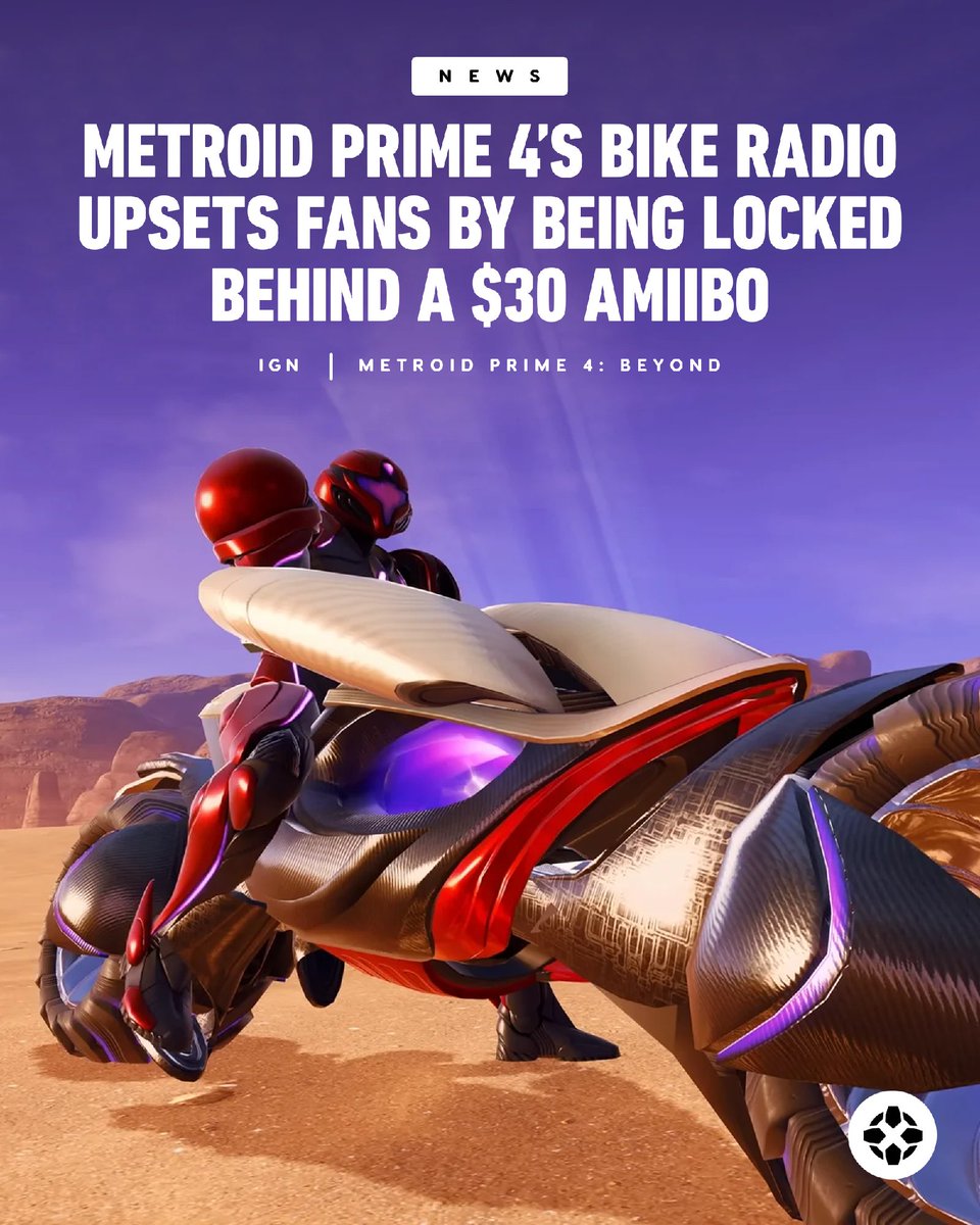 IGN's tweet image. Nintendo fans are unhappy about a $30 Metroid Prime 4: Beyond amiibo figurine that lets you turn on your motorbike's radio. bit.ly/48G8i8N