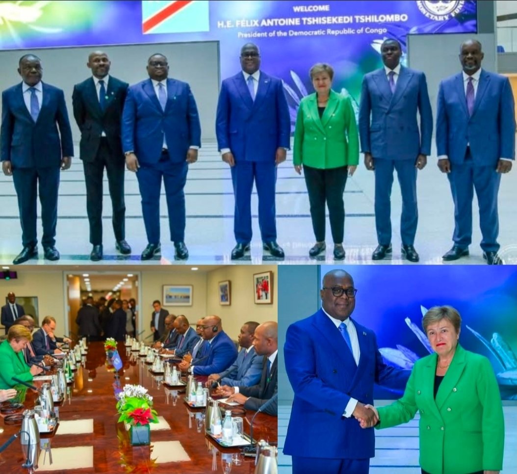 Enjeuxafricains's tweet photo. Félix #Tshisekedi s'est rendu jeudi 4 décembre au siège du Fonds monétaire international à  #Washington, accompagné notamment du ministres des Finances, Doudou #Fwamba Likunde (@LikundeR), de celui de la Communication, Patrick #Muyaya (@PatrickMuyaya) et du gouverneur de la Banque centrale du #Congo, André #Wameso. Le président rd-#congolais a été accueilli par la directrice générale du #FMI, Kristalina #Georgieva (@KGeorgieva). "Nous avons eu un échange très enrichissant sur le programme économique de la #RDC. Je salue l’engagement ferme du Président de la RDC à renforcer la résilience économique du pays malgré les difficultés qu’il rencontre. Le FMI lui apporte son soutien indéfectible", a déclaré la patronne du Fonds.