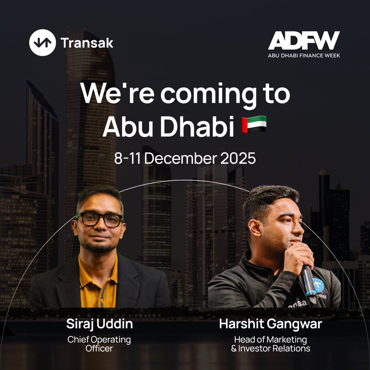 Transak's tweet photo. We’re in Abu Dhabi this week for @ADFinanceWeek 🇦🇪
Talking stablecoins, payments, and what’s next for FinTech. 

Come meet us 👋🏻 https://t.co/Cmrj84mjcc