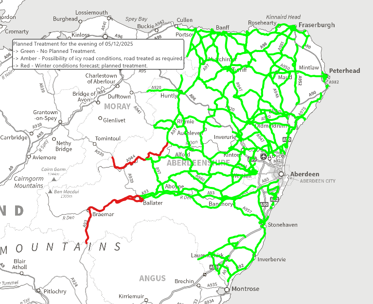 AbshireRoads's tweet photo. A wet night across the shire, falling as sleet/snow over the #Lecht and #Glenshee ⛷️ mean routes 23 & 28 will be treated this afternoon. All other crews remain on standby should conditions change. @Aberdeenshire #drivesafe https://t.co/3sjUUKqrFM
