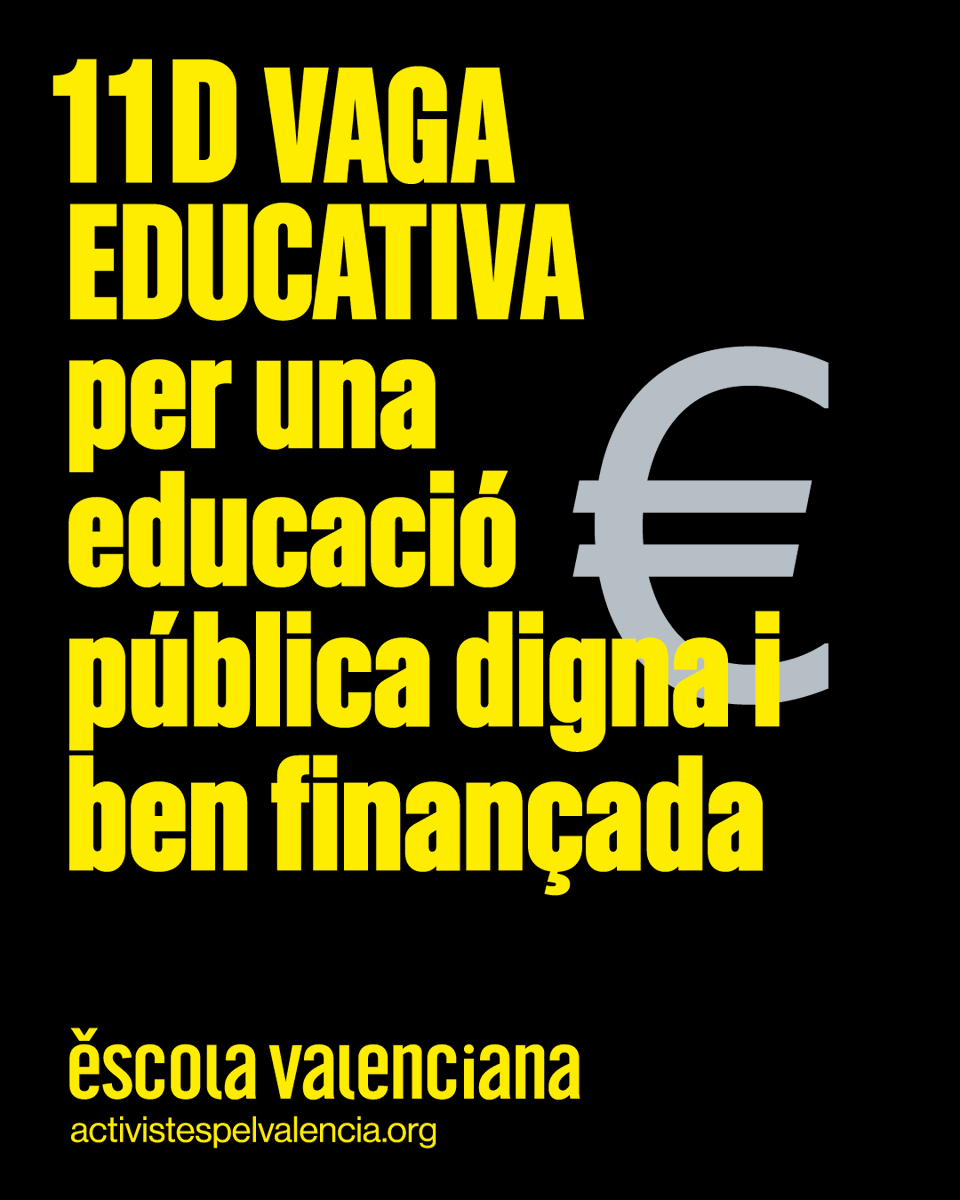 📢 L’11 de desembre, vaga educativa! 📢

✊Suma’t i exigim juntes un sistema educatiu de qualitat!

Ens veiem a les 18 h:
📍 Alacant: Escales de l’IES Jorge Juan
📍 València: Pl. Sant Agustí
📍 Castelló: Plaça Aules